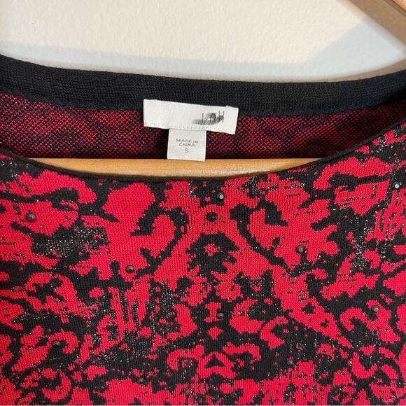 J. Jill Jacquard Sparkle Tunic Holiday Sweater Red Black Size S - Picture 3 of 4